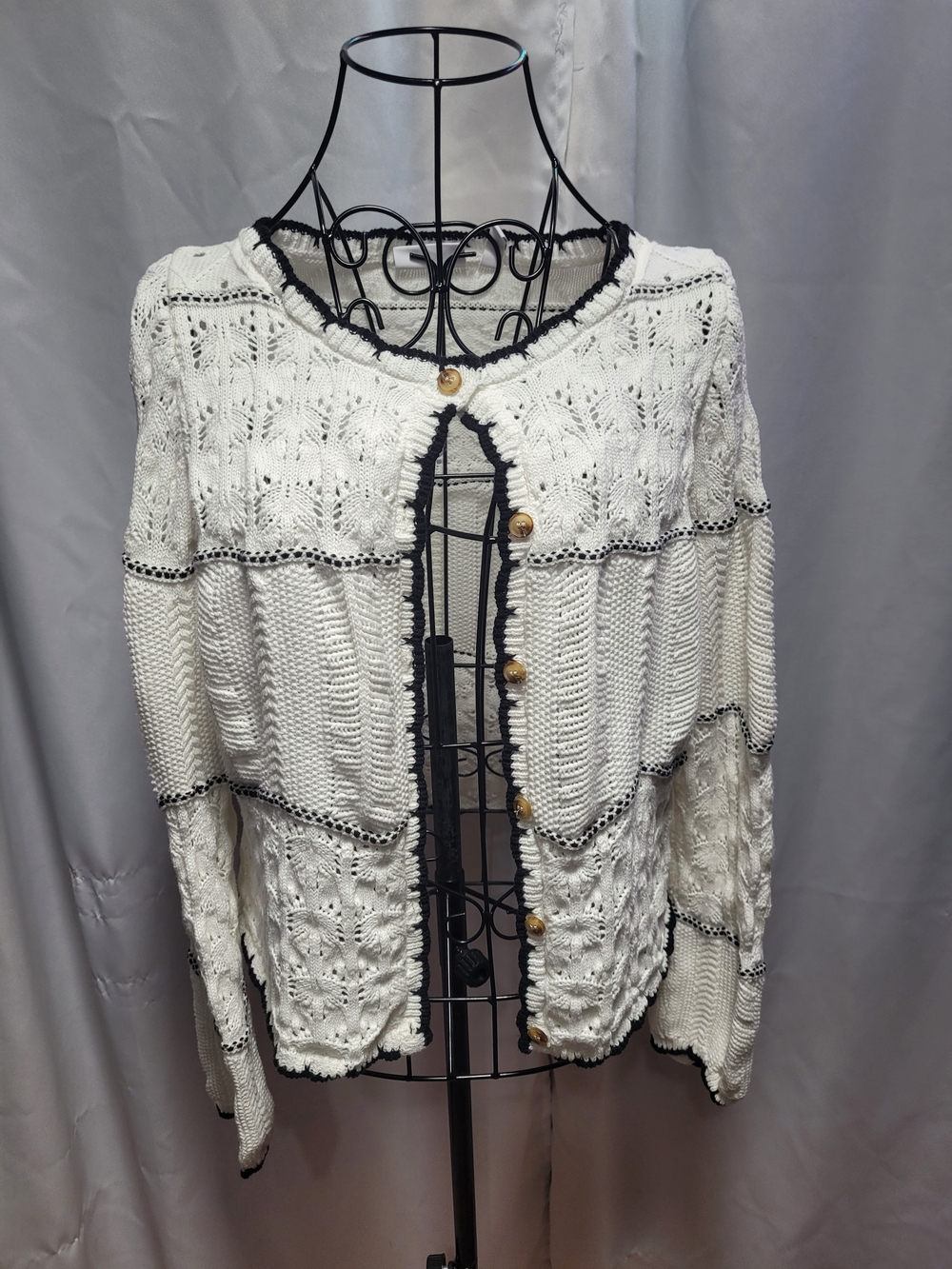 Textured White Crochet Button-Front Cardigan with Black Trim